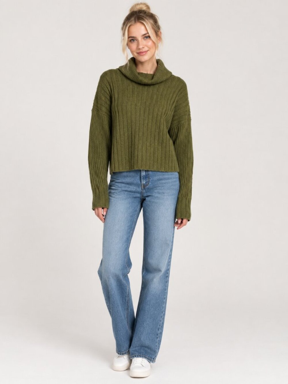 2/$30 ELIE Elie Tahari Ribbed Turtleneck Cropped Sweater Olive Medium #A4296